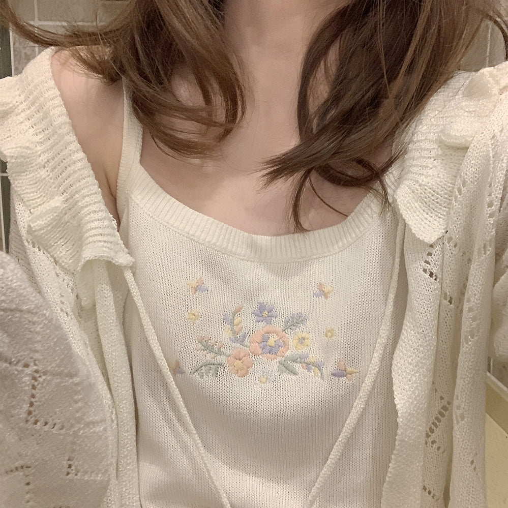 Retro Gentle Cream Color Flower Summer Cute Girl Knitting With A Small Sling