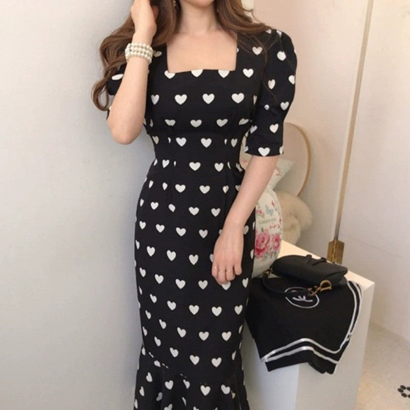 Ladies Polka Dot Ruffled Fishtail Long Dress