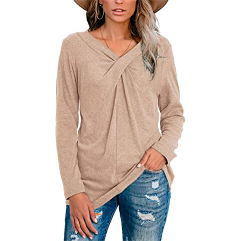 V-neck long-sleeved neckline casual t-shirt