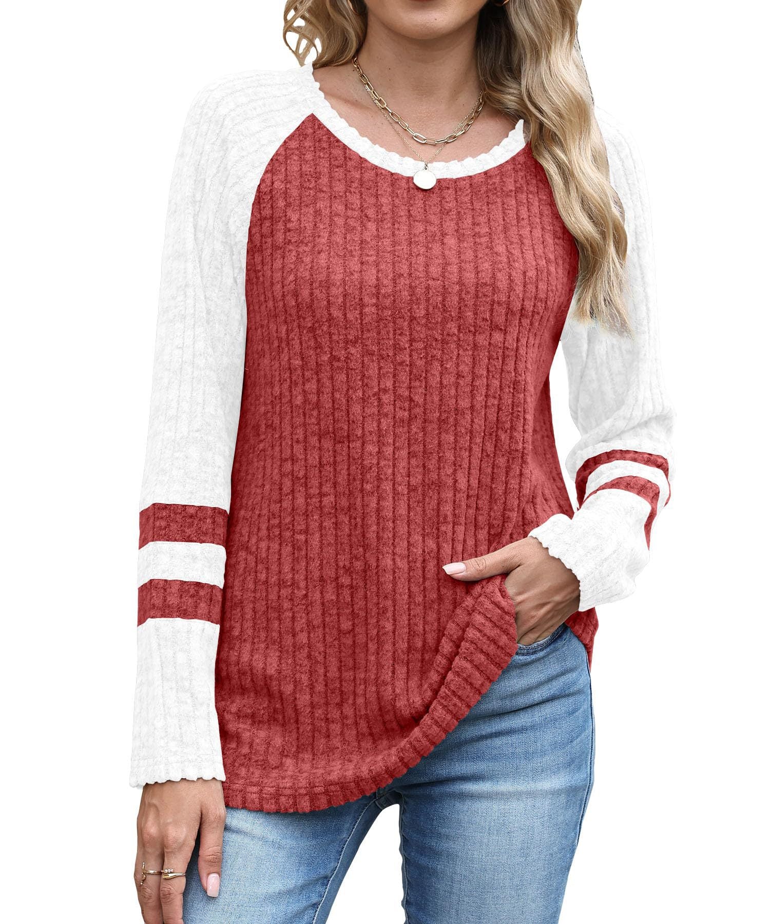 European And American Fashion Long Sleeve Contrast Color Sweater Round Neck Top