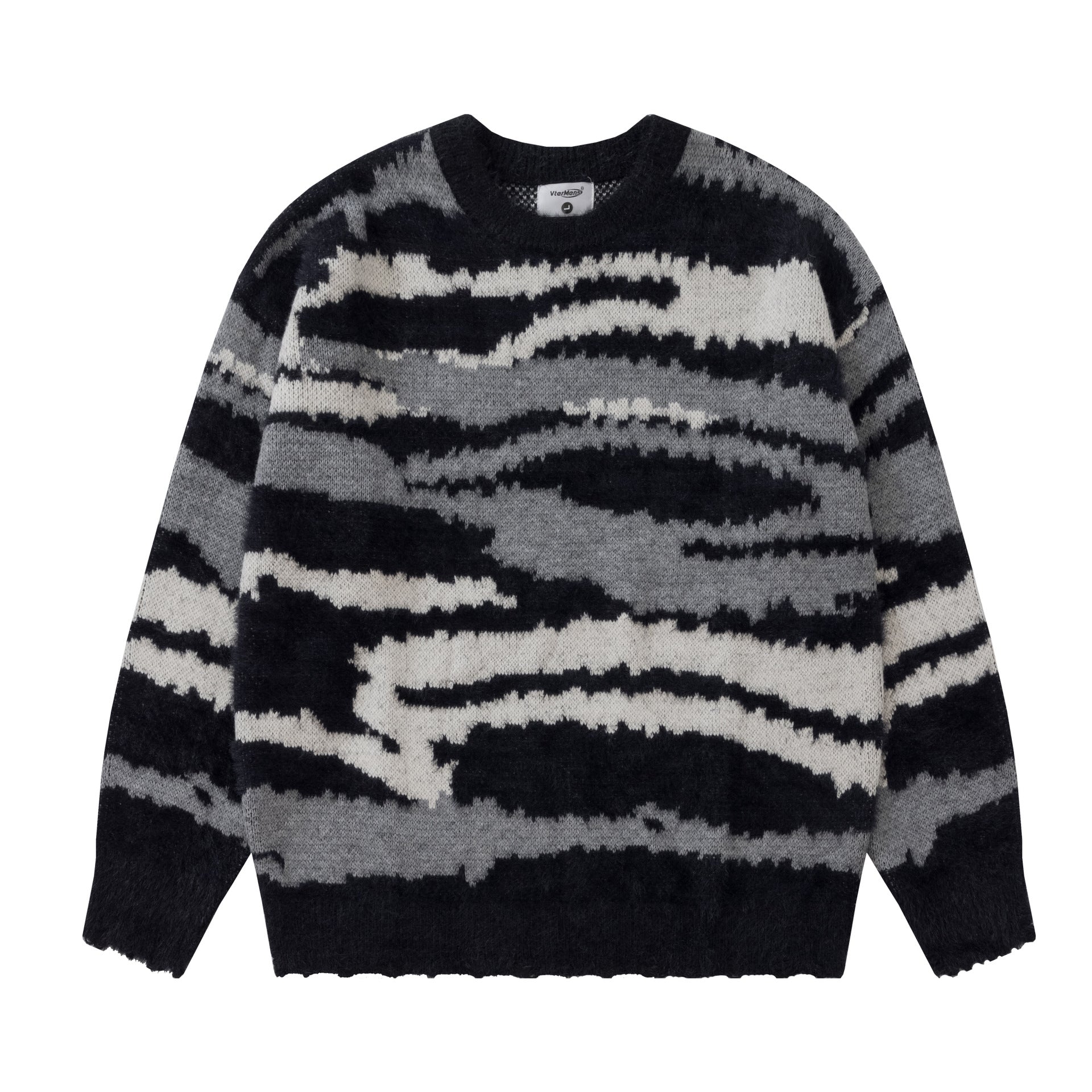 Heavy Color Matching Furry Round Neck Sweater