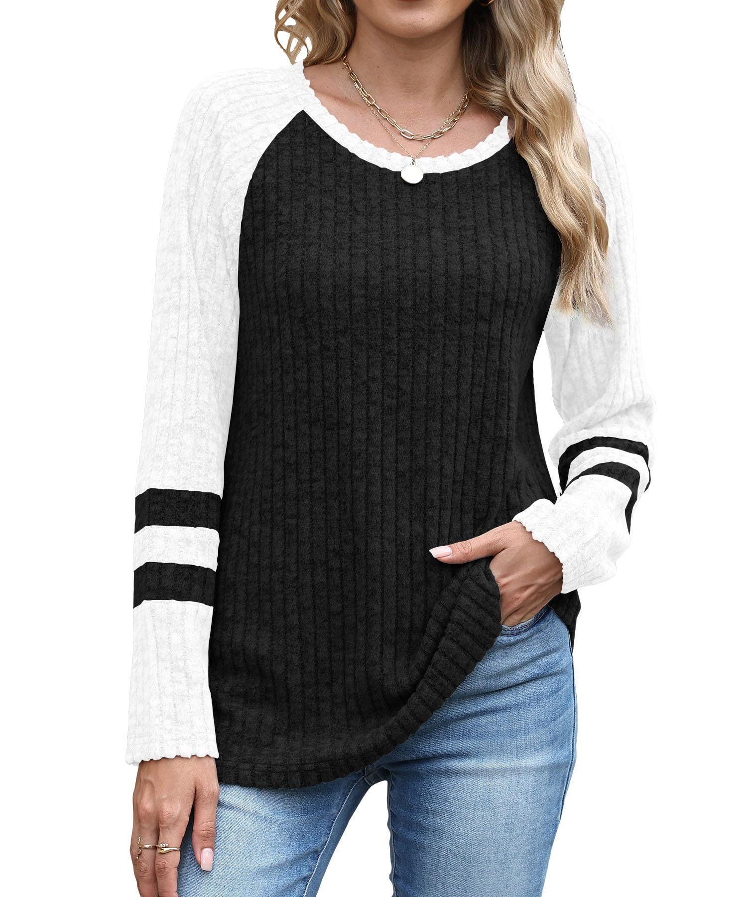 European And American Fashion Long Sleeve Contrast Color Sweater Round Neck Top