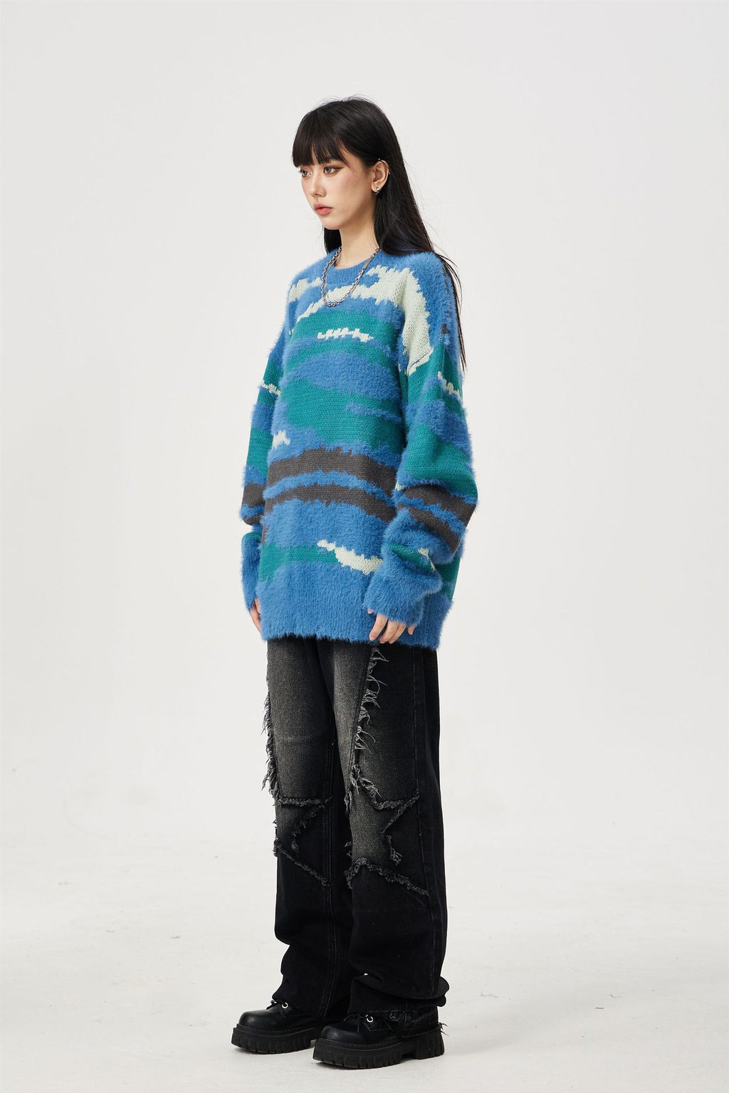 Heavy Color Matching Furry Round Neck Sweater