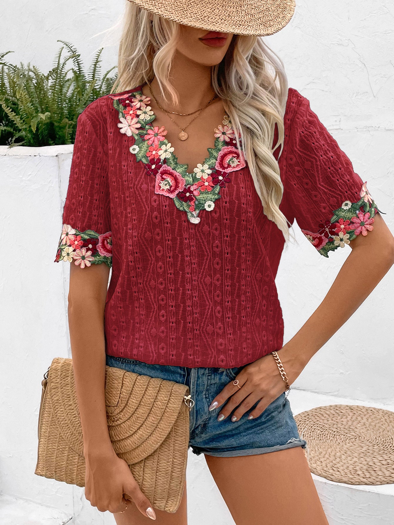 Women's Summer Deep V-neck Lace Short-sleeved Top T-shirt