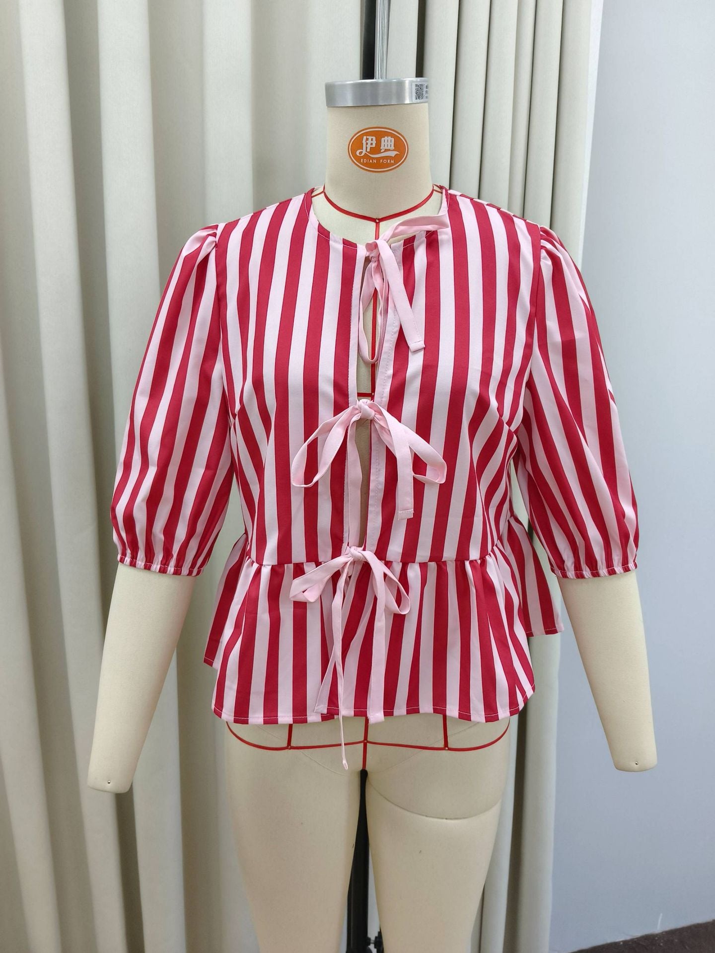 Fashion Stripes Padded Shoulder Bow Top