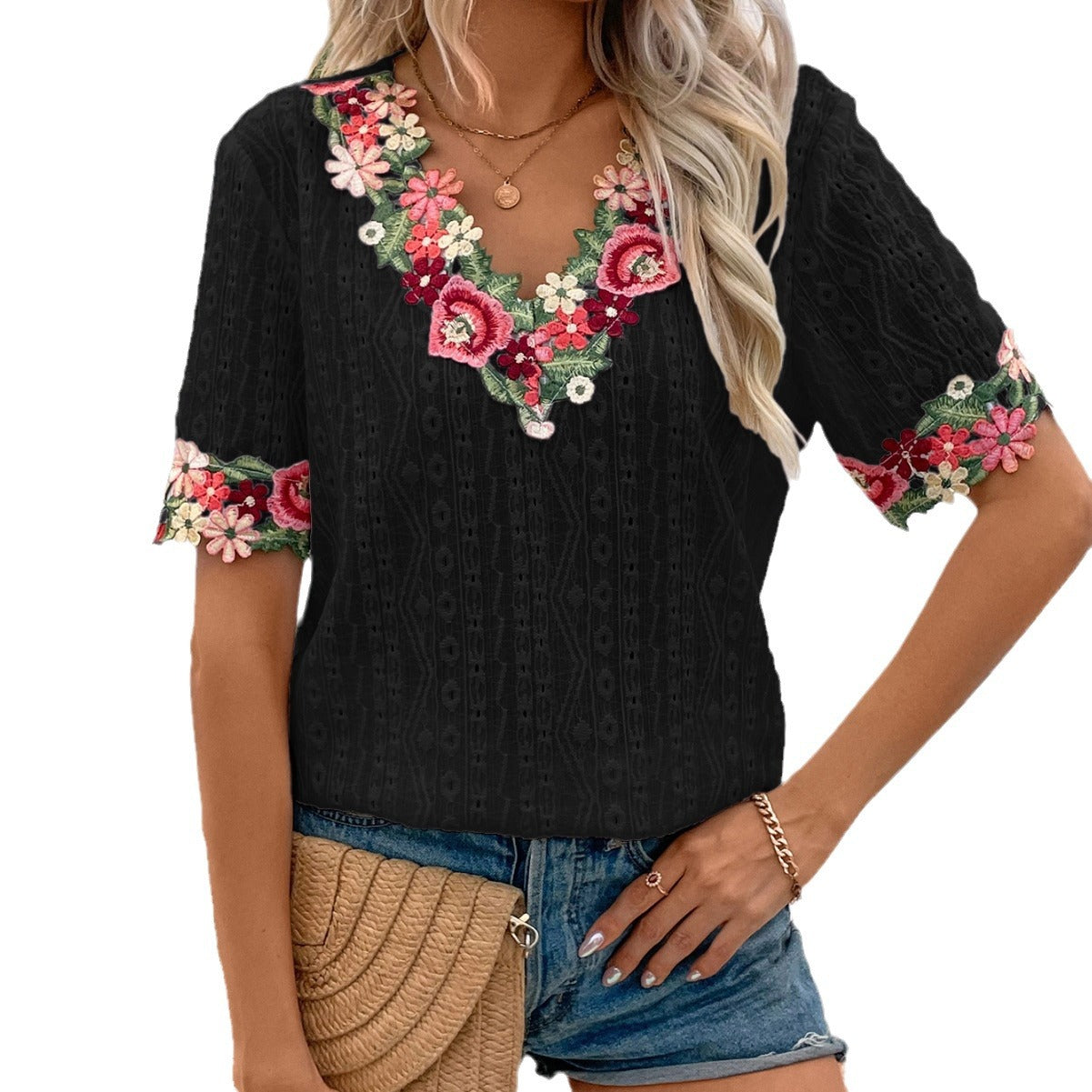 Women's Summer Deep V-neck Lace Short-sleeved Top T-shirt