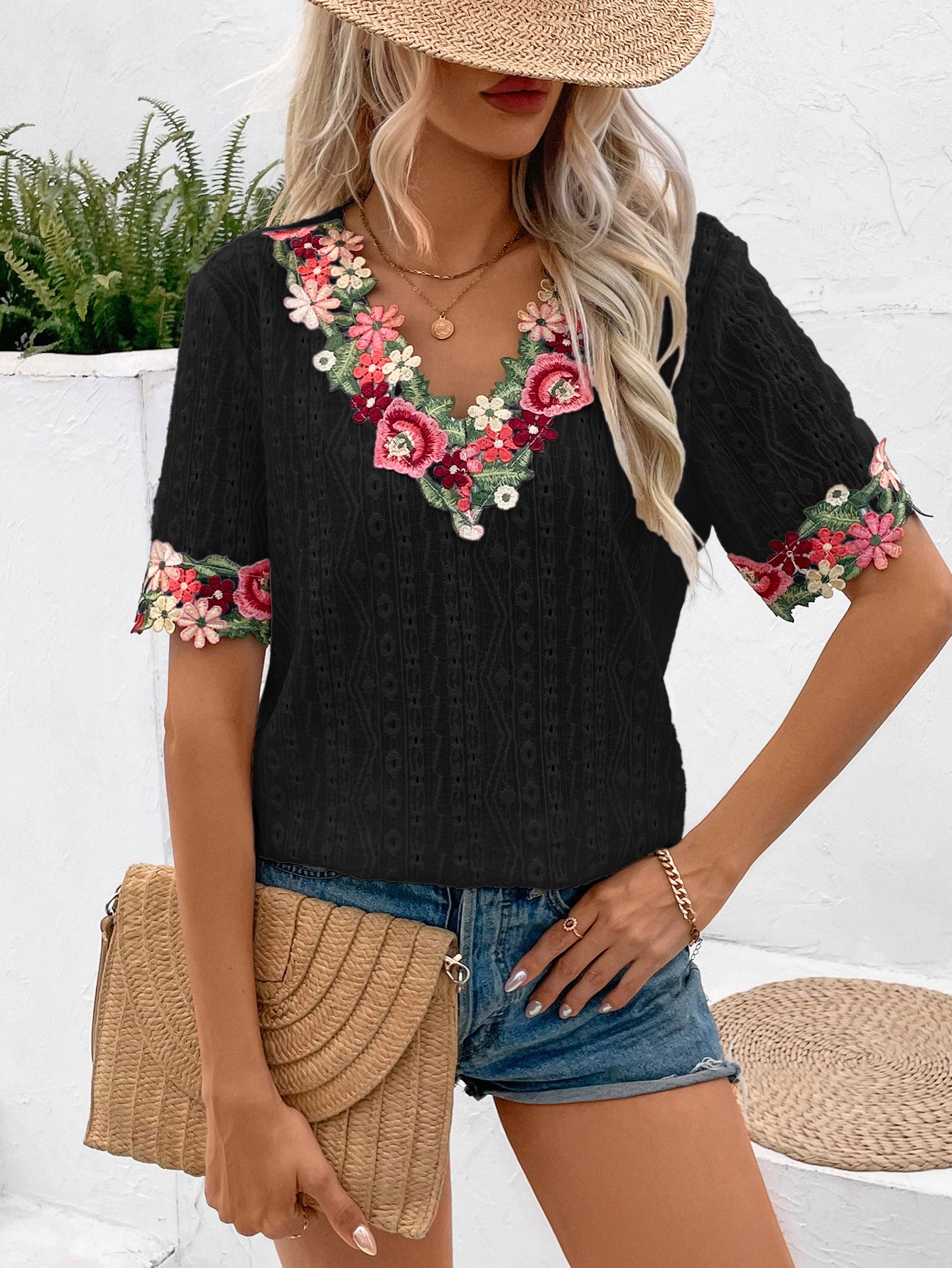 Women's Summer Deep V-neck Lace Short-sleeved Top T-shirt