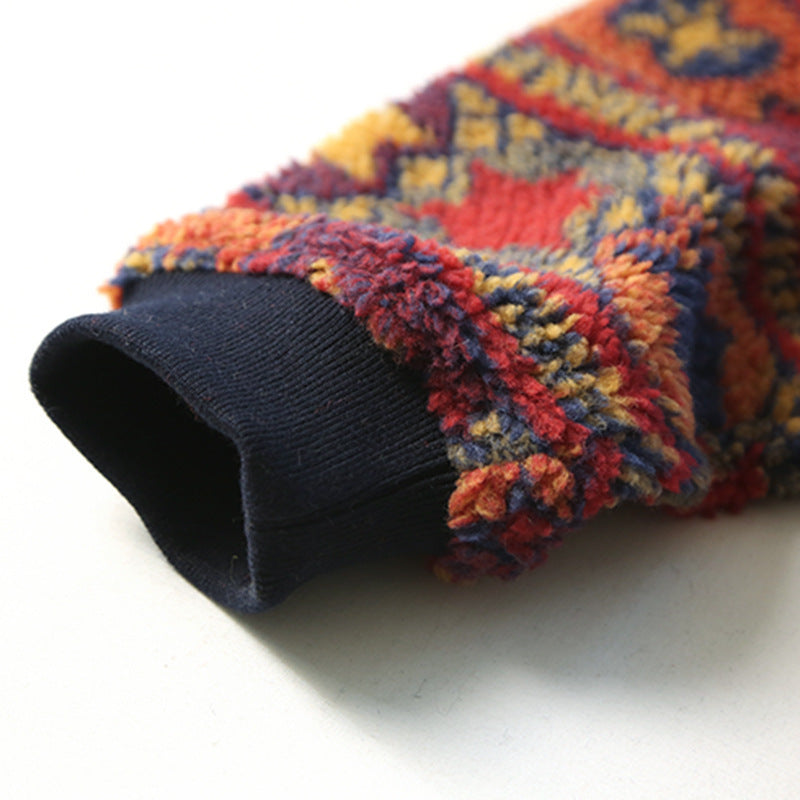 Retro Printed Lamb Wool Round Neck Pullover Ethnic Style Blouse Women