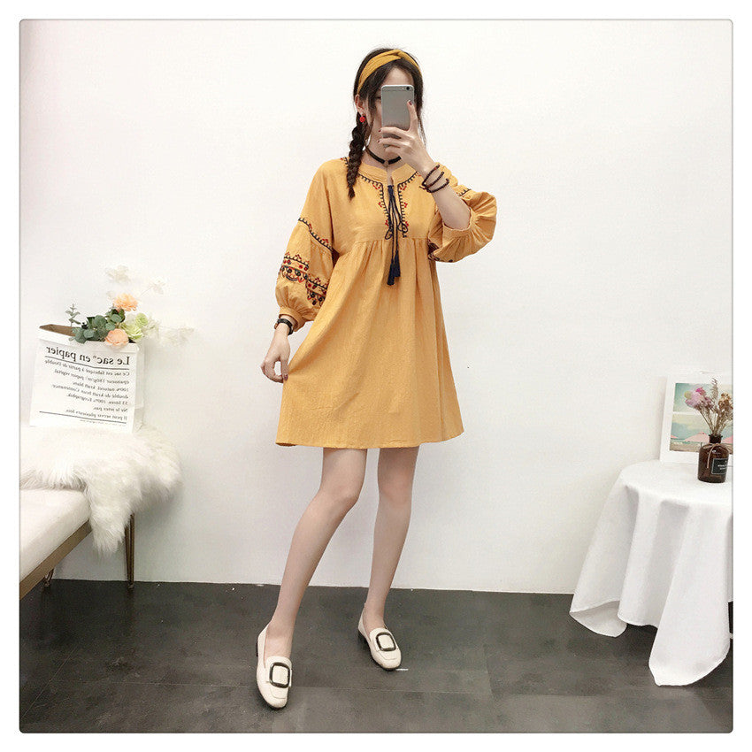 Ethnic Style Short Skirt Small Dress Cotton And Linen Embroidery Ladies Dress