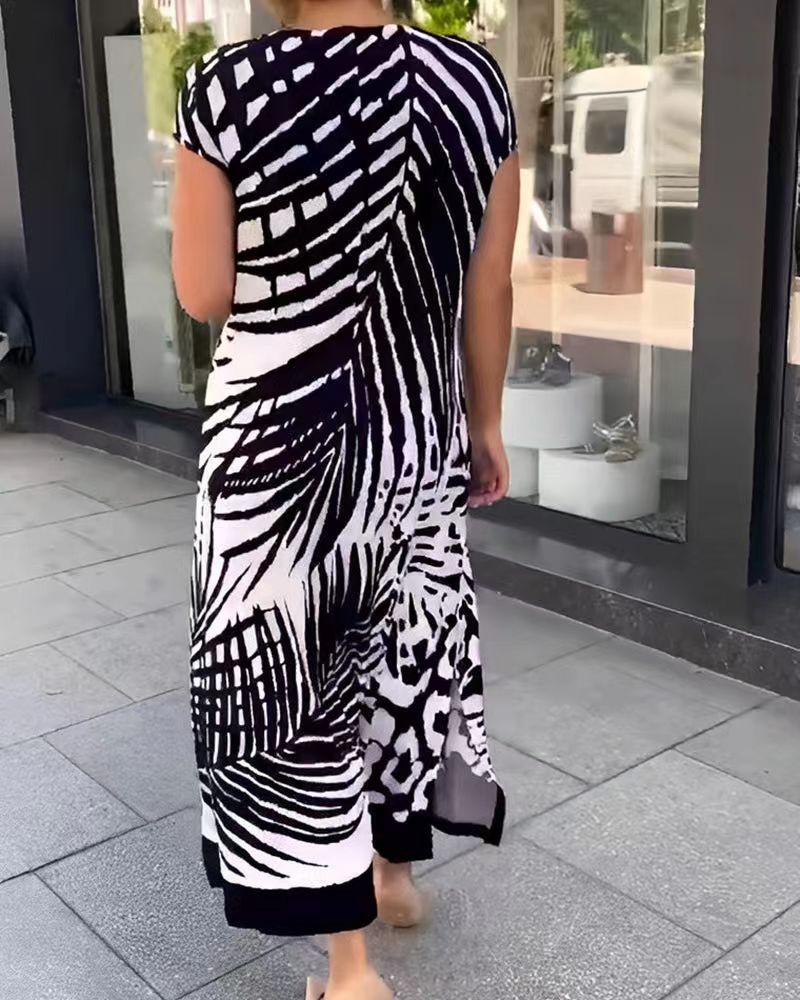New Fashion Print Round Neck Loose Split Long Dress Women