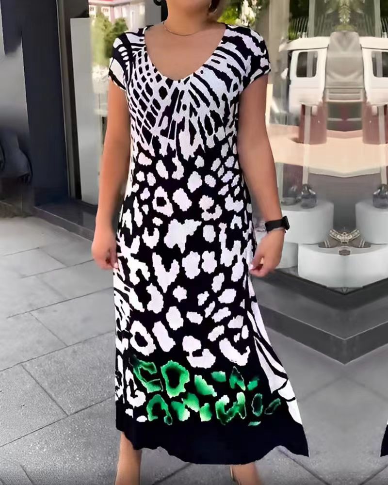 New Fashion Print Round Neck Loose Split Long Dress Women