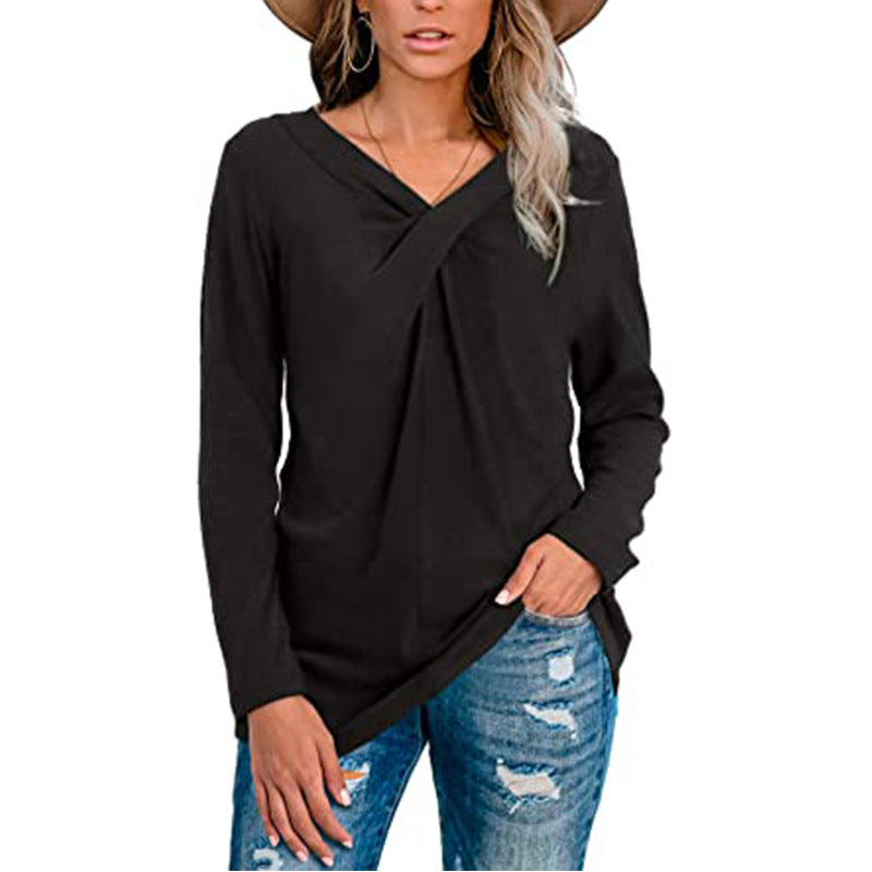 V-neck long-sleeved neckline casual t-shirt