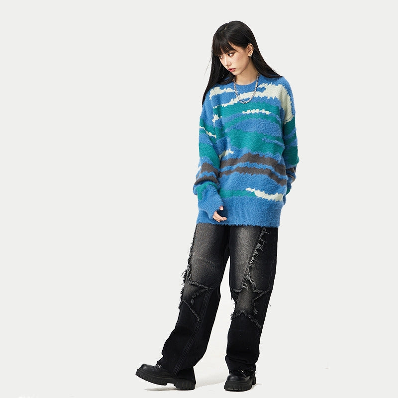 Heavy Color Matching Furry Round Neck Sweater