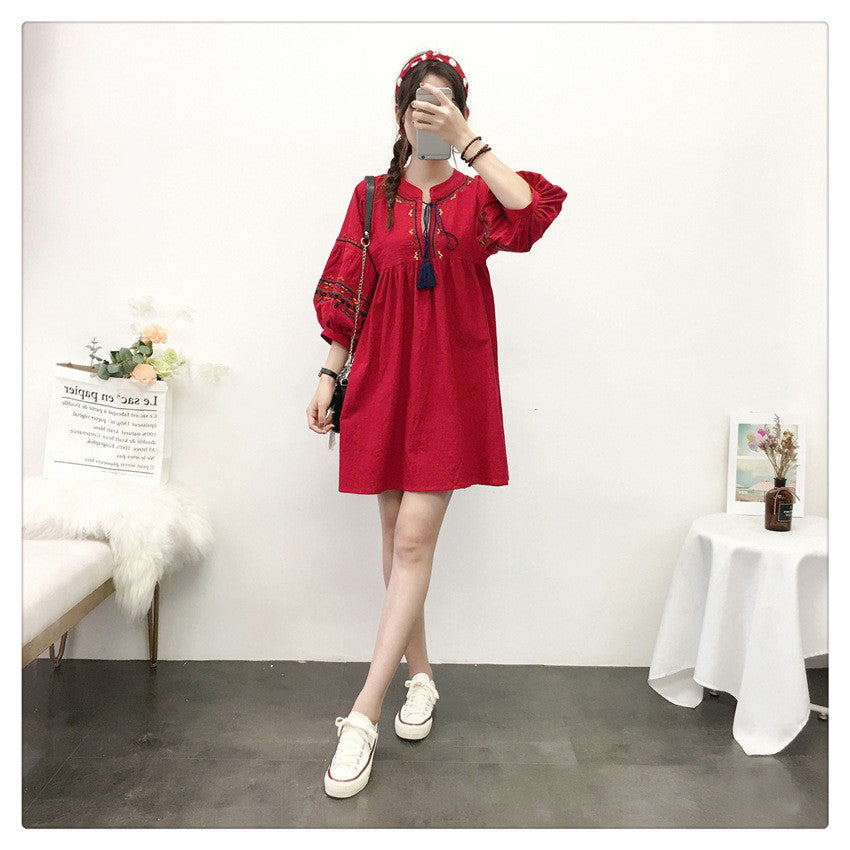 Ethnic Style Short Skirt Small Dress Cotton And Linen Embroidery Ladies Dress