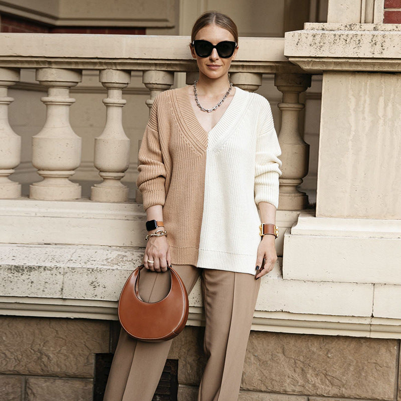 Women's Stitching V-neck Casual Loose Knit Sweater