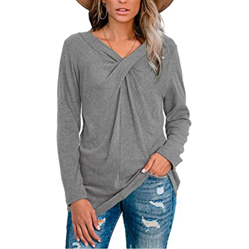 V-neck long-sleeved neckline casual t-shirt