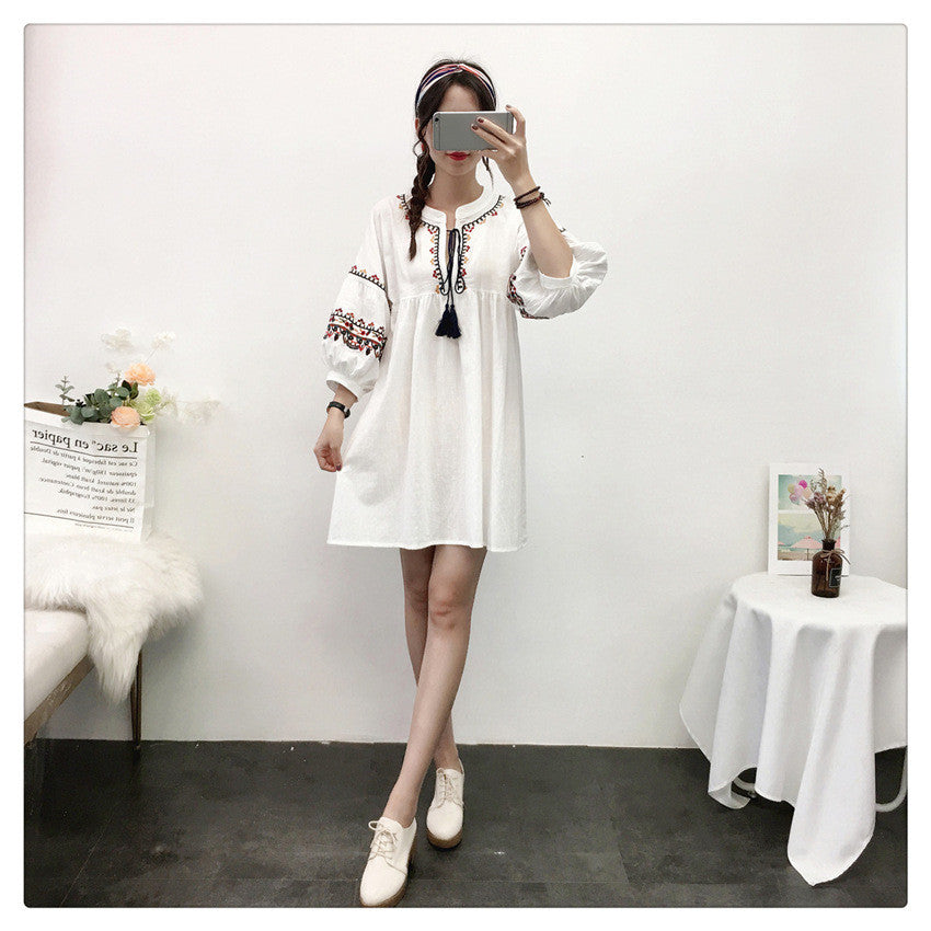 Ethnic Style Short Skirt Small Dress Cotton And Linen Embroidery Ladies Dress
