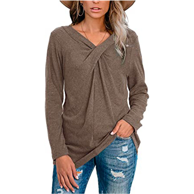 V-neck long-sleeved neckline casual t-shirt