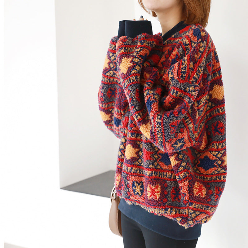 Retro Printed Lamb Wool Round Neck Pullover Ethnic Style Blouse Women