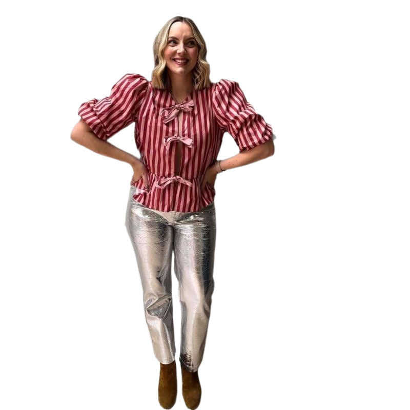 Fashion Stripes Padded Shoulder Bow Top