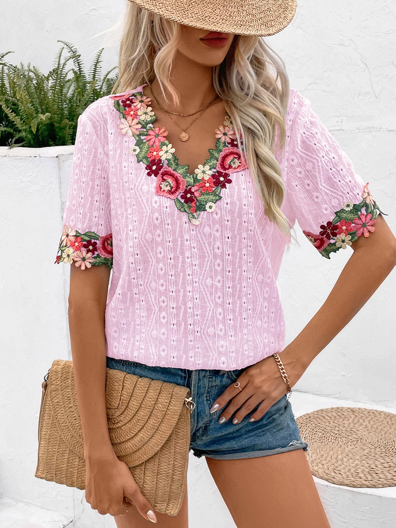 Women's Summer Deep V-neck Lace Short-sleeved Top T-shirt
