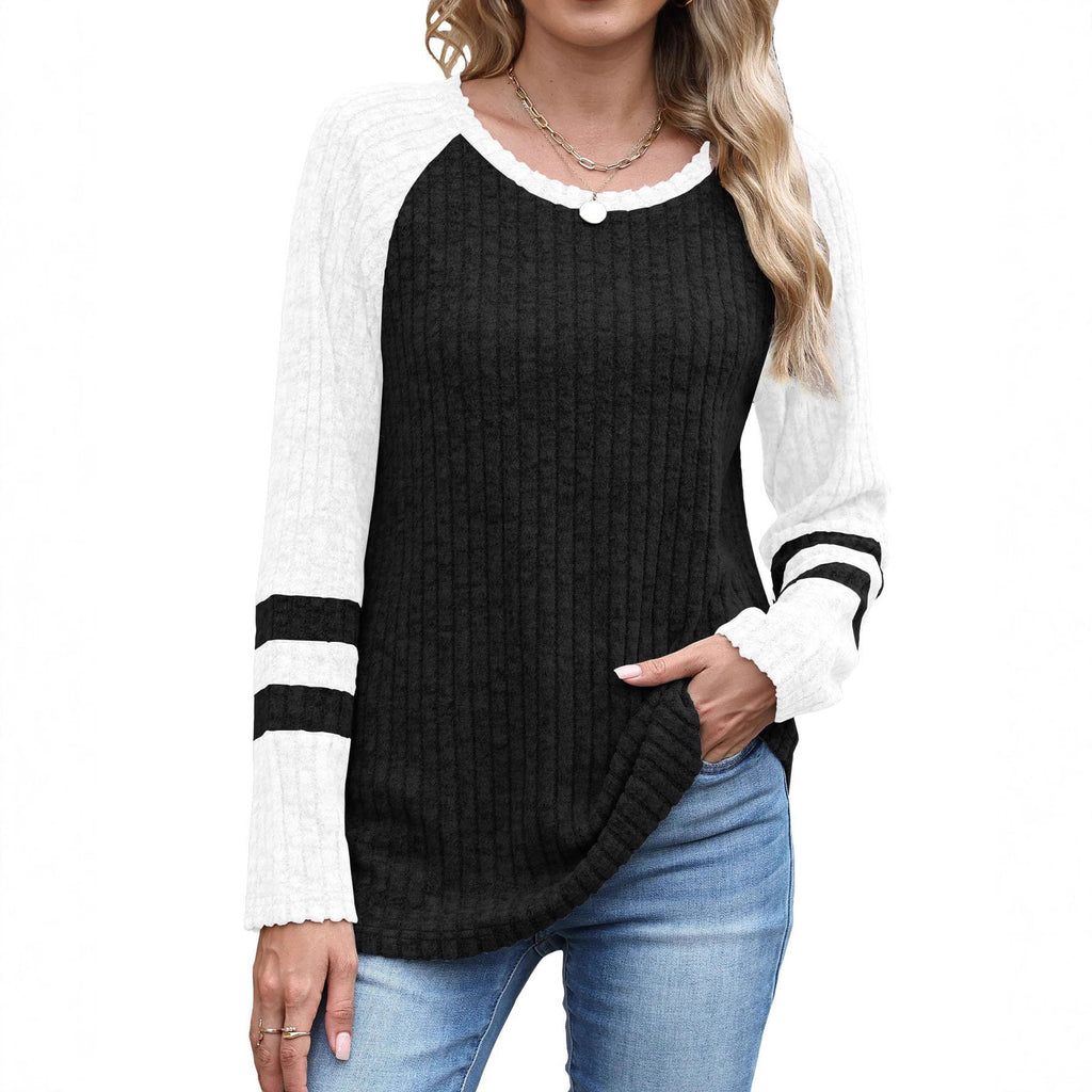 European And American Fashion Long Sleeve Contrast Color Sweater Round Neck Top