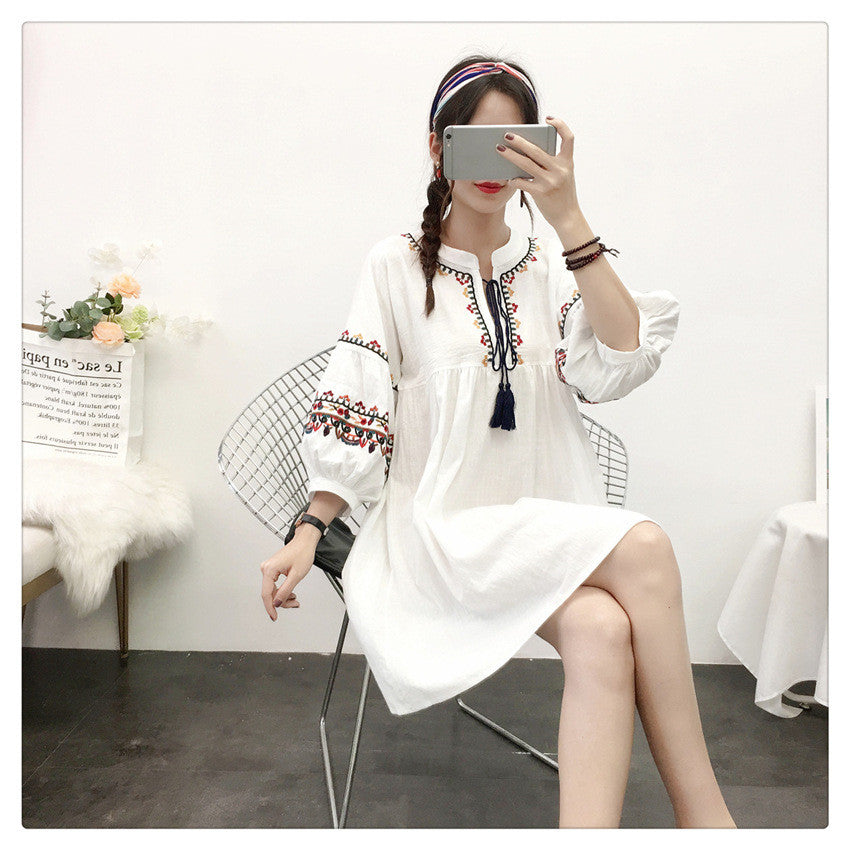 Ethnic Style Short Skirt Small Dress Cotton And Linen Embroidery Ladies Dress