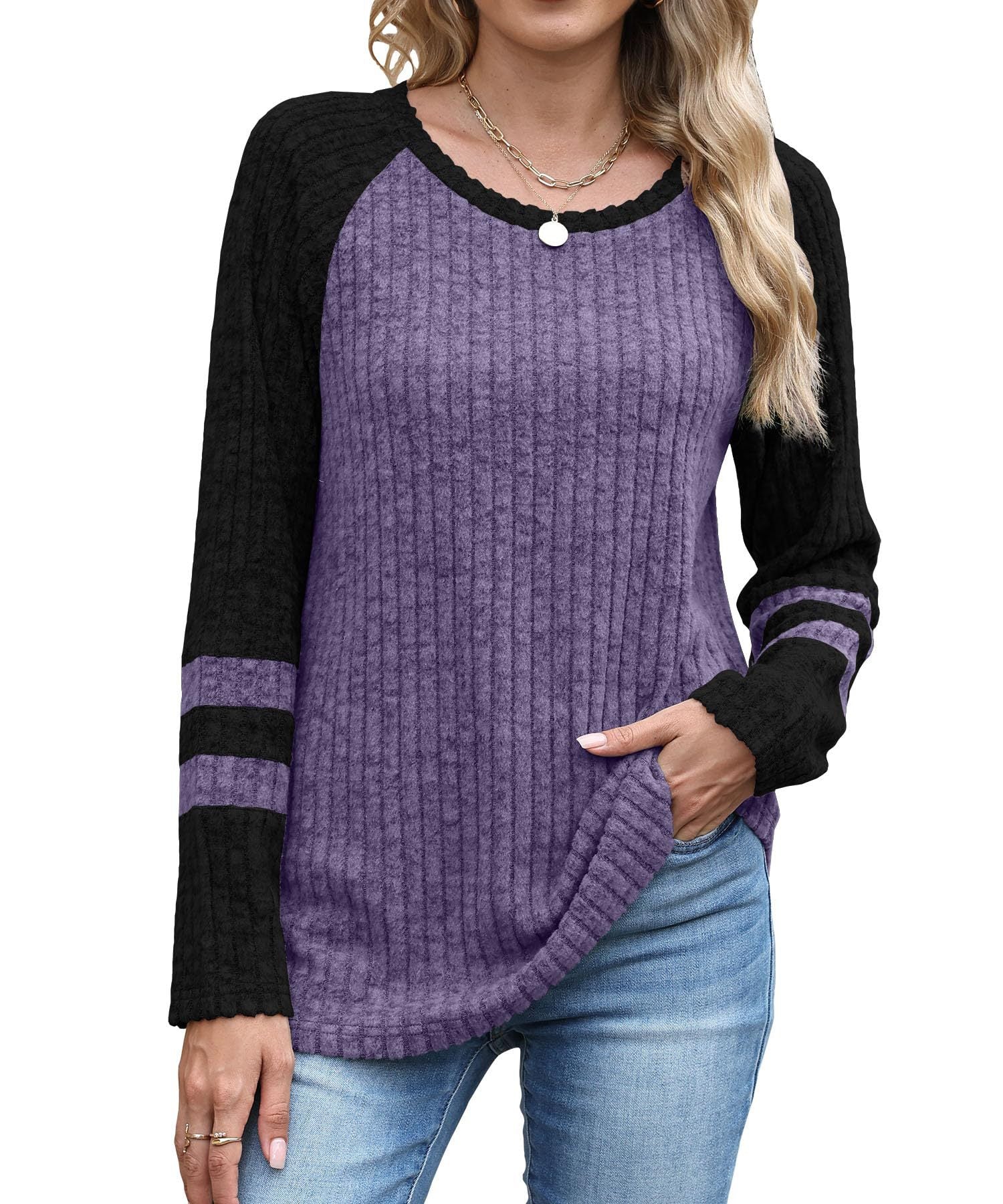 European And American Fashion Long Sleeve Contrast Color Sweater Round Neck Top