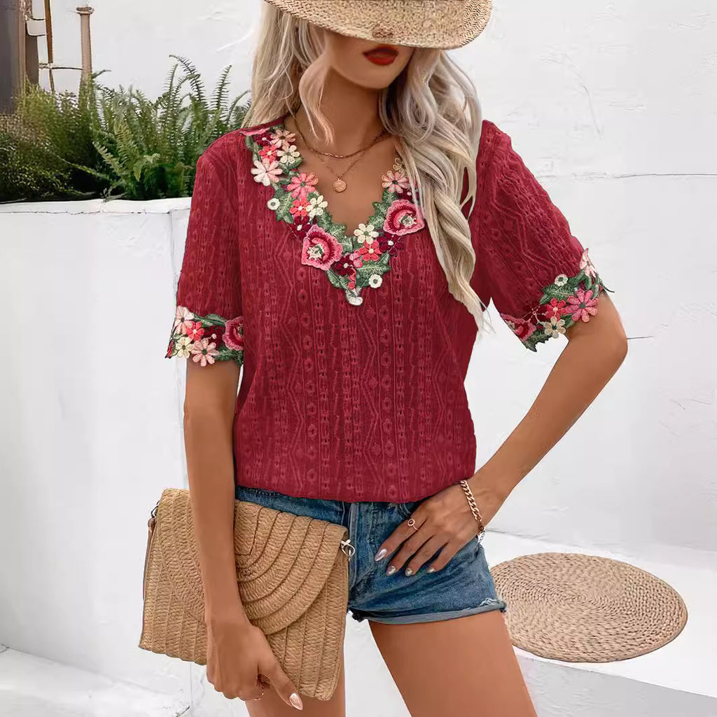 Women's Summer Deep V-neck Lace Short-sleeved Top T-shirt