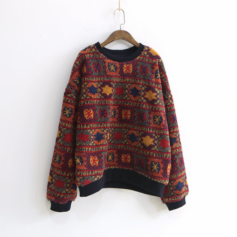 Retro Printed Lamb Wool Round Neck Pullover Ethnic Style Blouse Women