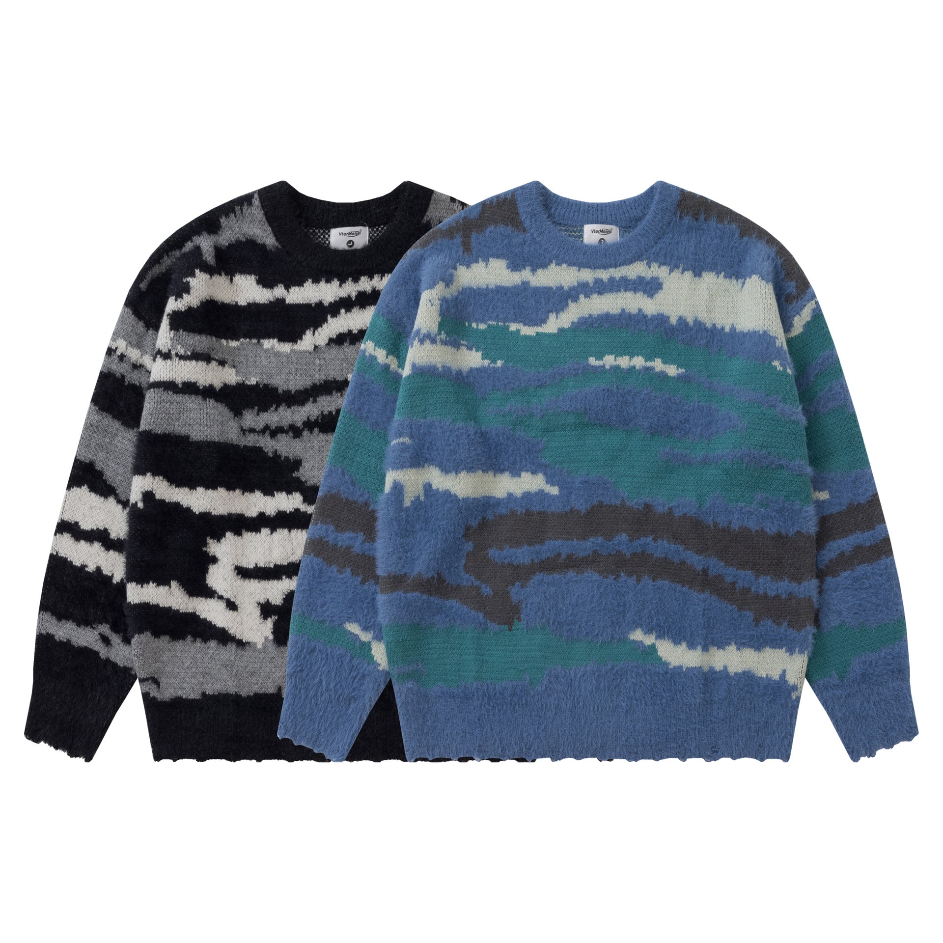 Heavy Color Matching Furry Round Neck Sweater